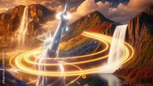 authentic human lifestyle concept Celestial American Dream: Ethereal Statue of Liberty and USA Flag in a Golden Fantasy Landscape Animation modern commercial stock usage