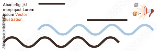 Financial concepts, communication, abstract design, education, typography, visual storytelling. Curved and straight lines, text and monetary icons. Financial concepts and communication visualization