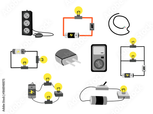 Electrical Lighting Circuit Diagram and Components Illustration Set
