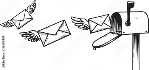 Rapid postal delivery: winged letters flying into an open roadside mailbox