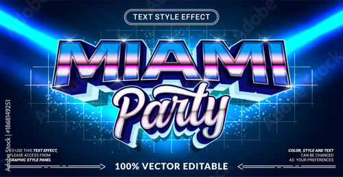 Editable text effect vector “Miami Party” features bold 3D lettering with neon colorful gradients, delivering a vibrant nightlife vibe for party posters, events, and modern promotions.