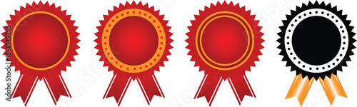 award ribbon badges collection in red gold yellow and black colors showing achievement rosette medals for competition certificates and recognition isolated on white background.