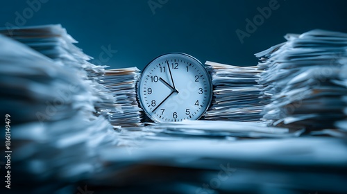 Analog clock between large stacks of documents symbolizing time management and heavy workload