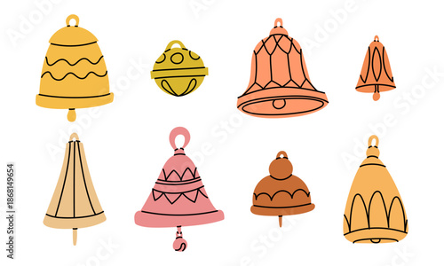 set of multicolored Christmas bells in various shades and shapes and jingling decorations. Holiday collection for festive greeting cards, stickers, party invitations, seasonal graphic design materials