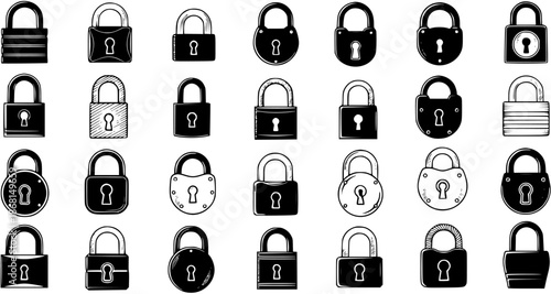 Vintage Black and White Padlock Icons Set - Retro Security Symbols with Keyholes for Safety and Protection Concepts