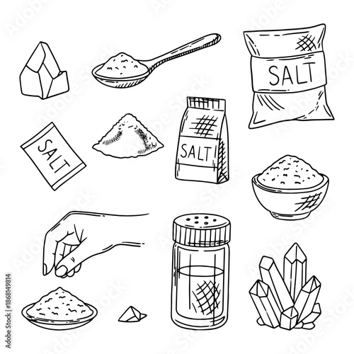 Drawn set of salt. Sketch of salt crystal, salt shaker, spoon with salt, pack of salt. Heap of fine salt. Vector illustration.