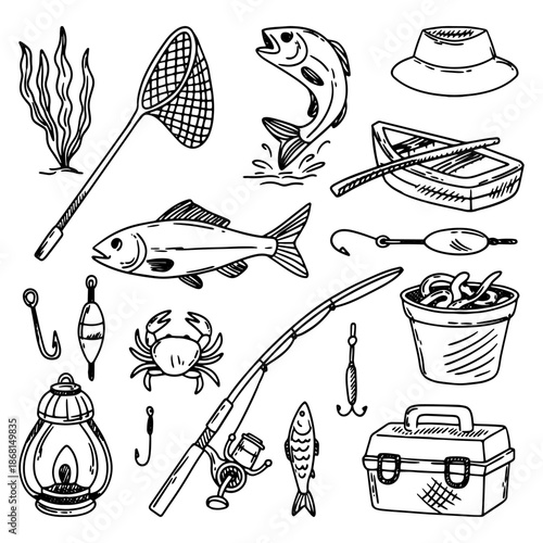 Vector set for fishing. Sketches of equipment for fishing. Boat, fishing rod, tackle, fish, bait, fishing tackle, floats