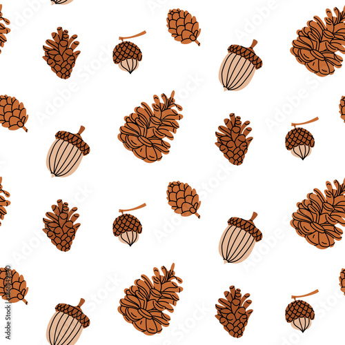 Seamless pattern with variety of flat colored pine, spruce, and acorn cones. Forest background for winter holiday wrapping paper, autumn textile prints, botanical wallpaper, or seasonal graphic design