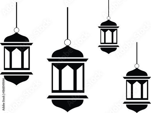 Ramadan festival Vintage vector illustration of an old metal streetlight lantern on an antique iron post against an urban city sky in a retro architectural style