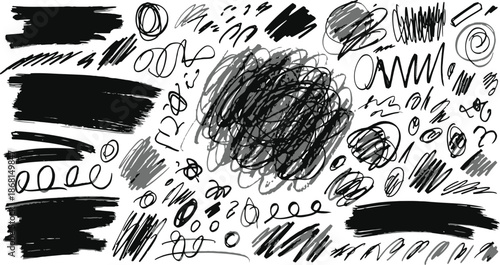 Mega bundle of different ink brush strokes:rectangle,square and round freehand drawings.Ink splatters,grungy painted lines,artistic design elements:waves,circles,triangles.Vector paintbrush set.