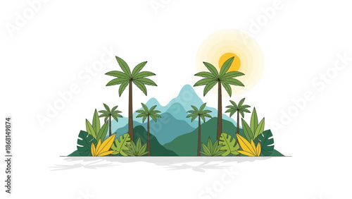 Tropical Island Landscape Illustration with Palm Trees and Sunlight Representing Summer Vacation, Nature Escape, and Exotic Travel Destination