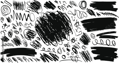 Mega bundle of different ink brush strokes:rectangle,square and round freehand drawings.Ink splatters,grungy painted lines,artistic design elements:waves,circles,triangles.Vector paintbrush set.