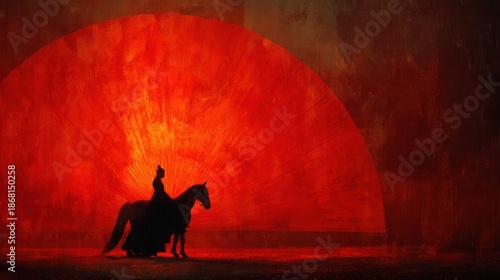 Silhouette of a person riding a horse against a vibrant red sun