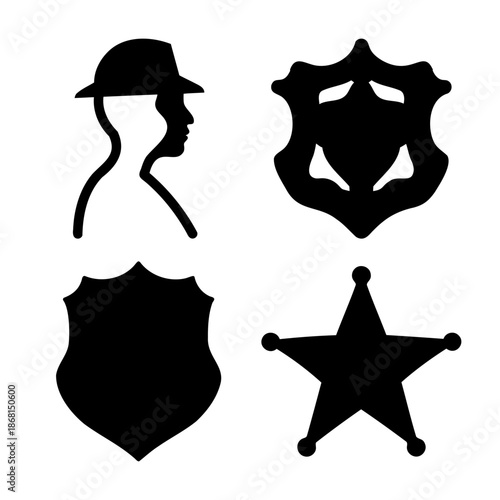 Classic police and detective symbols, including badges, shields, and a star emblem