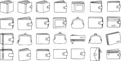 Collection of Diverse Wallet Illustrations: Hand-Drawn Purse  Billfold Set