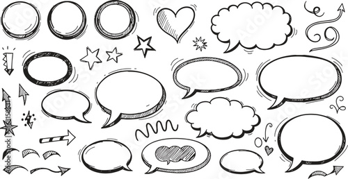 Set of chalk doodle vector icons on black background. Hand drawn sketch style hearts, stars, arrows, speech bubbles, and geometric shapes for grunge, chalkboard, and creative design.