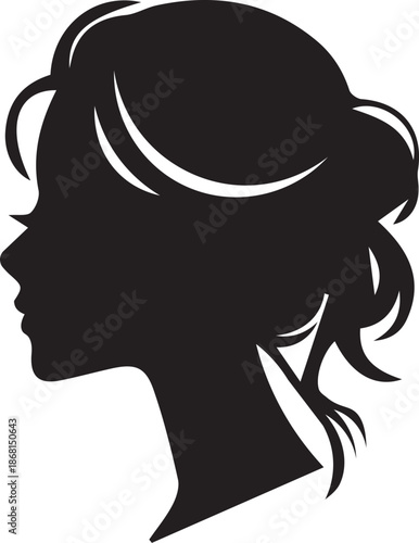 elegant woman profile silhouette with flowing wavy hair and vintage hairstyle for beauty salon fashion branding and cosmetic design isolated on white background.