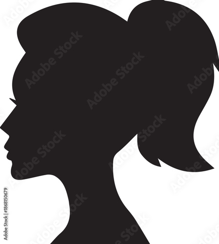 elegant woman head profile silhouette with updo ponytail hairstyle for beauty salon fashion and cosmetic logo design isolated on white background.