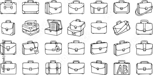Hand-Drawn Briefcase and Suitcase Icon Set. Collection of Business Bags and Travel Luggage Sketches in Black and White Doodle Style.