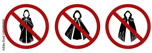 Vector set of prohibition signs with black silhouette of clothing. No capes allowed. No anonymity allowed. No entry for magicians.