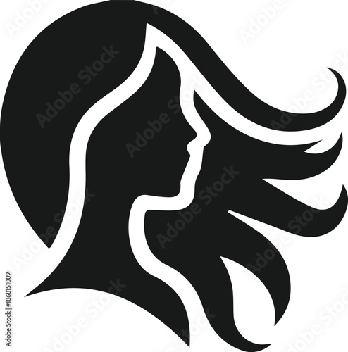 elegant woman silhouette profile logo with flowing hair design for beauty salon fashion and cosmetic branding isolated on white background.