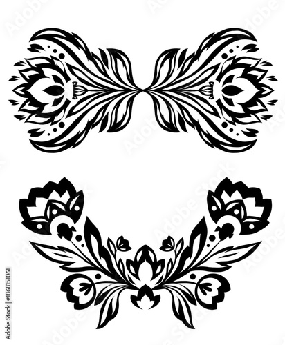 Vector set of tracery monochrome folk art flowers frames. Collection of black geometric floral divider.