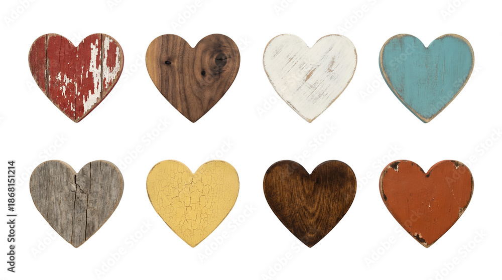 Obraz premium Wooden heart set including rustic, painted, distressed, and natural grain textures. Decorative symbols for love, valentines, and wedding themes.