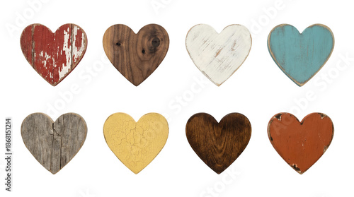 Wooden heart set including rustic, painted, distressed, and natural grain textures. Decorative symbols for love, valentines, and wedding themes.