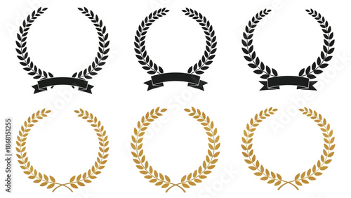 Collection of laurel wreaths in black and gold with ribbon banners