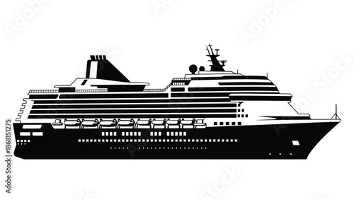 A striking black and white silhouette of a large cruise ship at sea