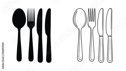 Black and white illustration of cutlery including spoons forks and knives