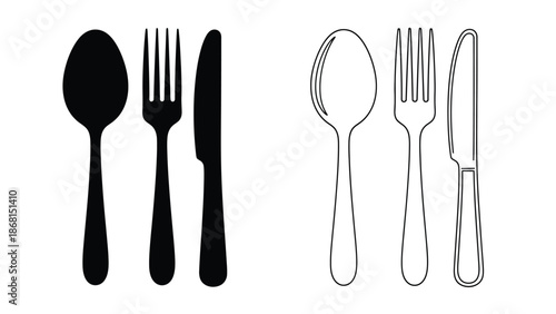 Simple black and white illustration of cutlery spoons forks and knives