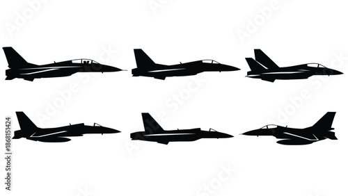 Silhouette sequence of a jet fighter aircraft in different flight phases