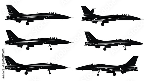 Silhouettes of fighter jets arranged in a grid showcasing military aviation