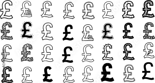 A Collection of Hand-Drawn and Illustrated Sterling Pound Symbols in Various Styles and Textures