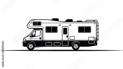 A simple black and white illustration of a recreational vehicle or camper