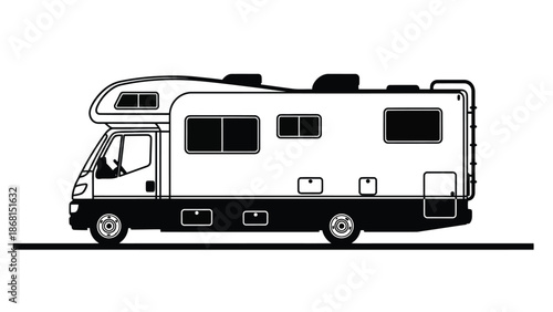 Simple black and white illustration of a recreational vehicle on a road