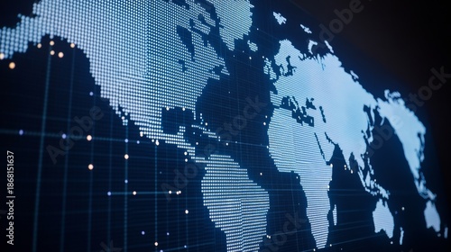 Global Network Dotted World Map on Dark Grid, Tech, Data visualization