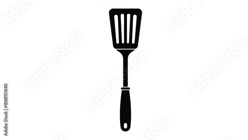 A simple black and white illustration of a kitchen spatula on a white background