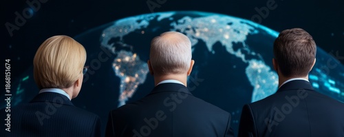 Global Vision Business Team Contemplates the World Map, strategy , leadership