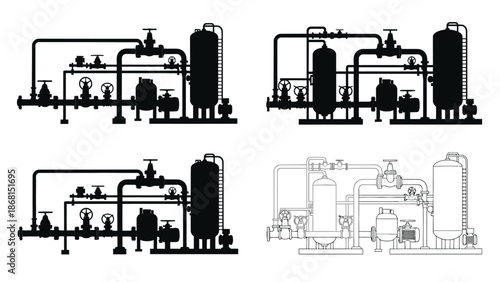 Industrial pipeline system with tanks valves and connecting pipes illustration