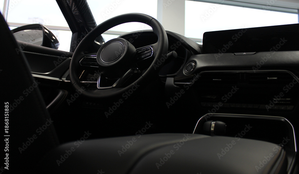 Αυτοκόλλητο An interior view of a new respectable car displayed in a dealership showroom
