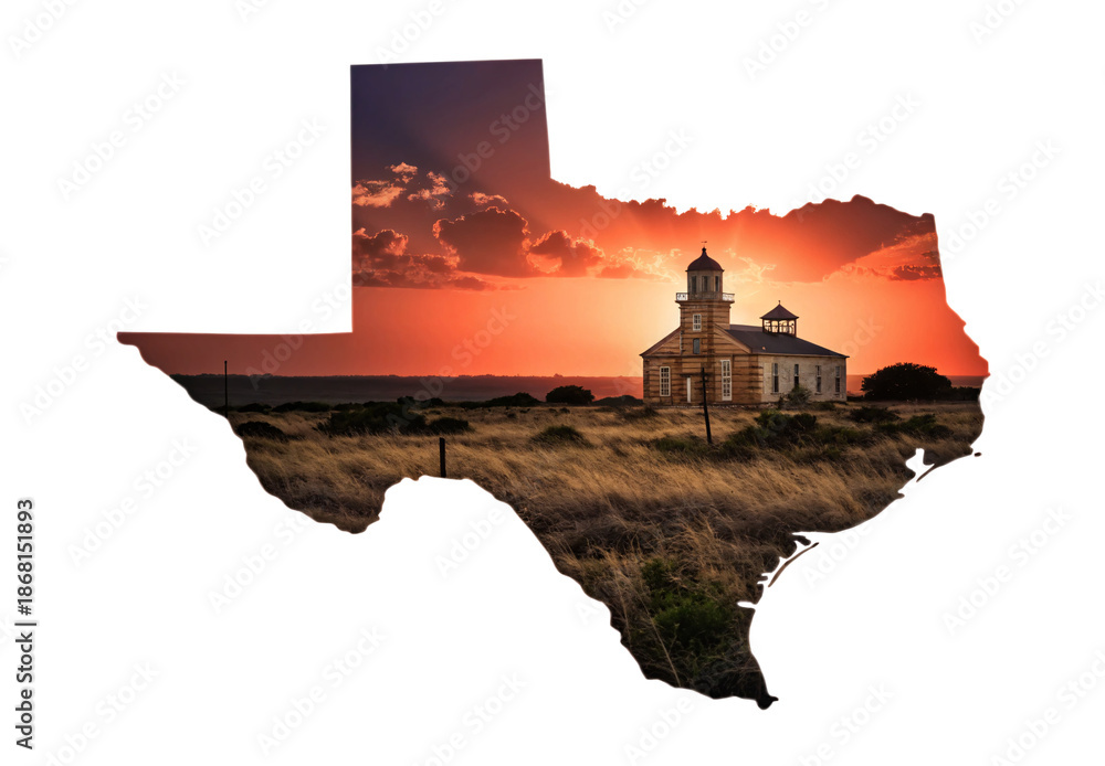 Obraz premium Texas state shape filled with sunset church building prairie grassland, isolated on a transparent background