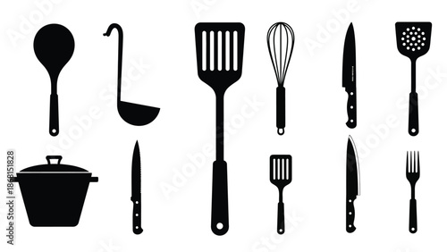 A collection of black silhouette kitchen utensils and a small pot