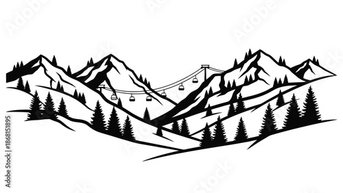 A minimalist black and white illustration of mountains trees and a ski lift
