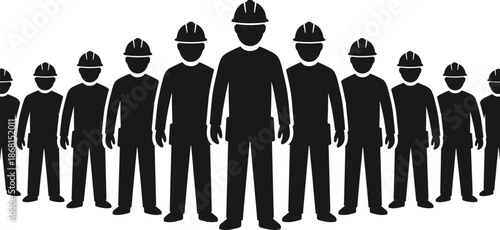 Silhouetted construction workers in hard hats standing in symmetrical formation, emphasizing leadership, teamwork, and industrial workforce unity at sunset.