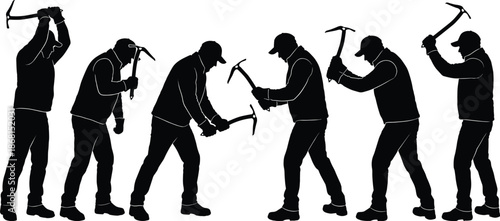 Silhouettes of miners using pickaxes in multiple action poses representing hard work, labor, industry, and manual mining process