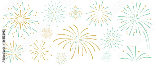 set of new year firework vector illustration featuring a collection of golden, light green, grey fireworks on white background, with art design suitable for decoration, print, poster, banner, wallpape