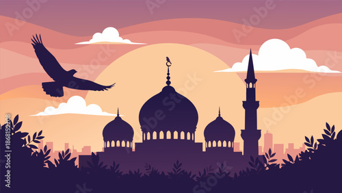 Magnificent Mosque Silhouette at Sunset with Flying Bird, Vector Illustration of Islamic Architecture and Nature's Beauty at Dusk