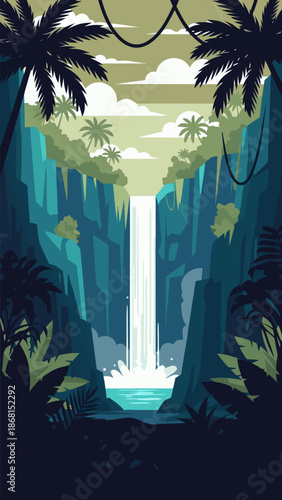 Enchanting Jungle Waterfall Vector Illustration Depicting a Serene Tropical Landscape with Lush Foliage and Cascading Water
